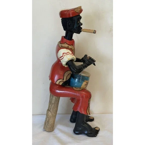 CUBA Folk Art Man Musician Drummer Hand-Carved Hand-Painted 17 WOOD Sculpture